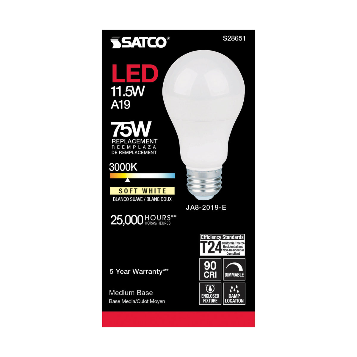 11.5 Watt - A19 LED - 90CRI - 3000K - Medium base - 220 deg. Beam Angle - 120 Volt - 1100 Lumens - CEC