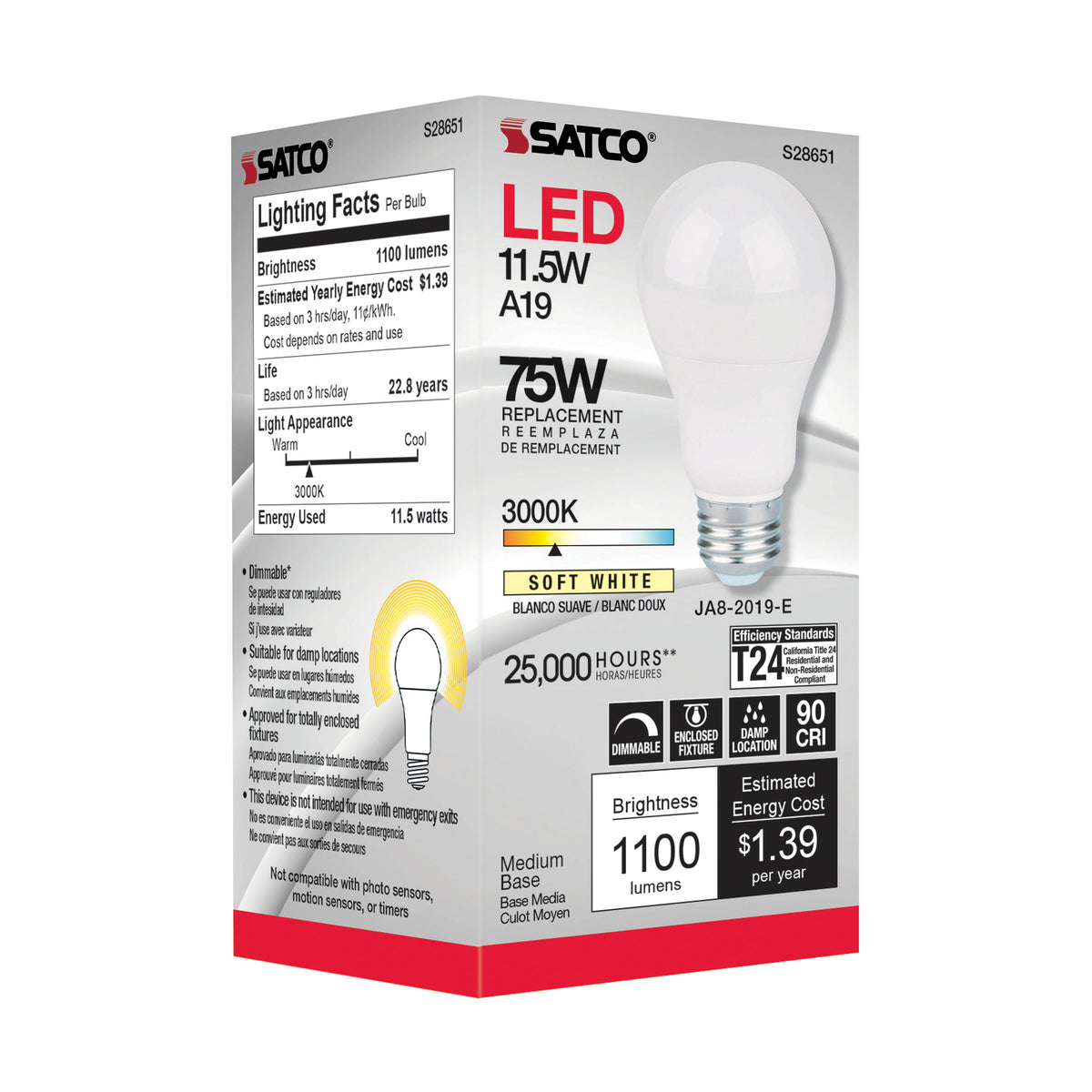 11.5 Watt - A19 LED - 90CRI - 3000K - Medium base - 220 deg. Beam Angle - 120 Volt - 1100 Lumens - CEC