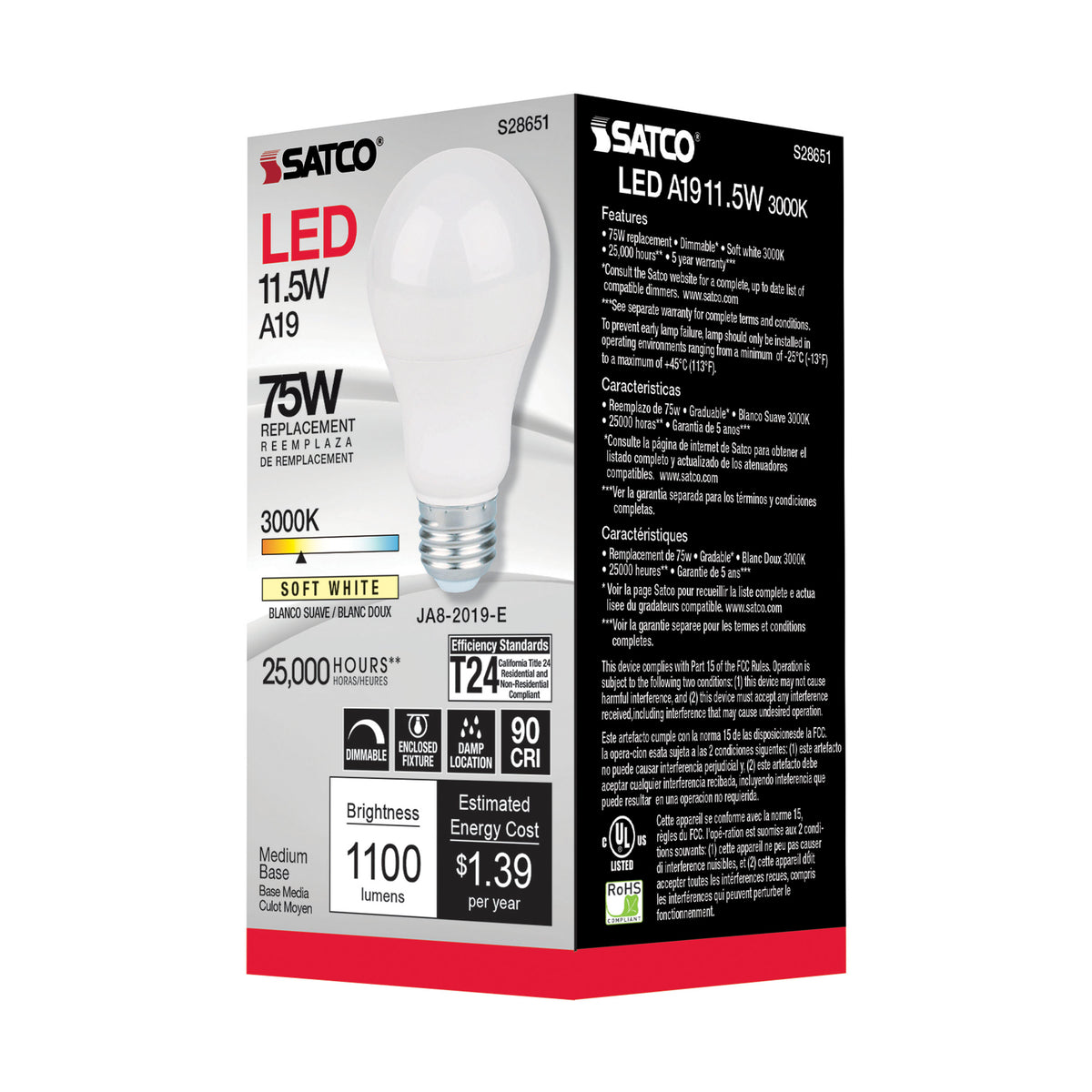 11.5 Watt - A19 LED - 90CRI - 3000K - Medium base - 220 deg. Beam Angle - 120 Volt - 1100 Lumens - CEC