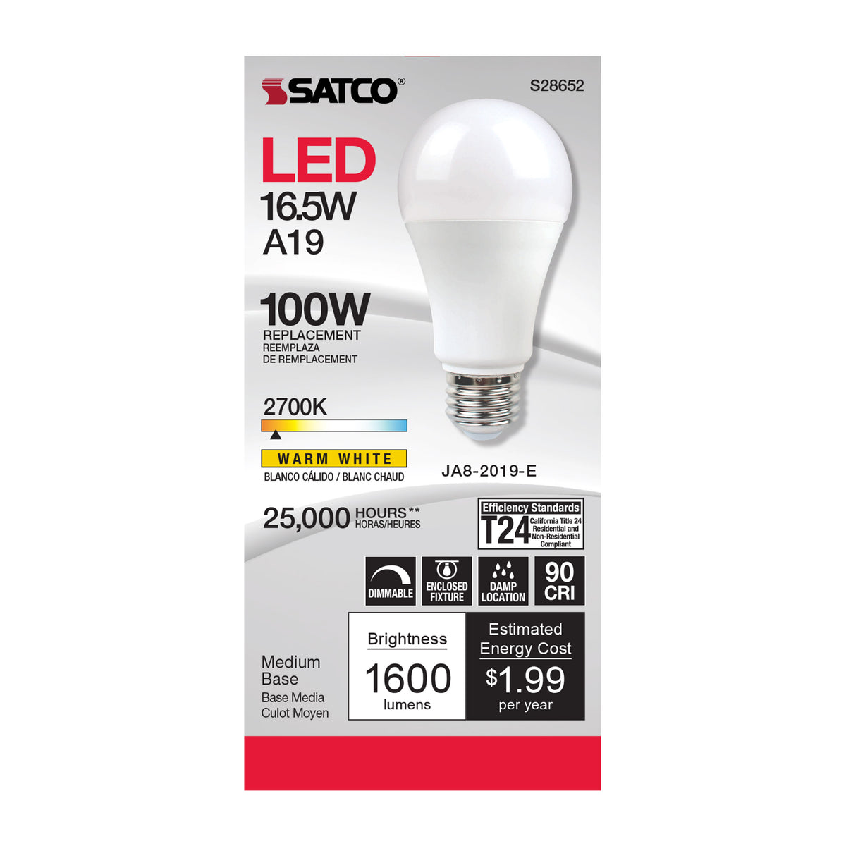 16.5 Watt - A19 LED - 90CRI - 2700K - Medium base - 220 deg. Beam Angle - 120 Volt - 1600 Lumens - CEC