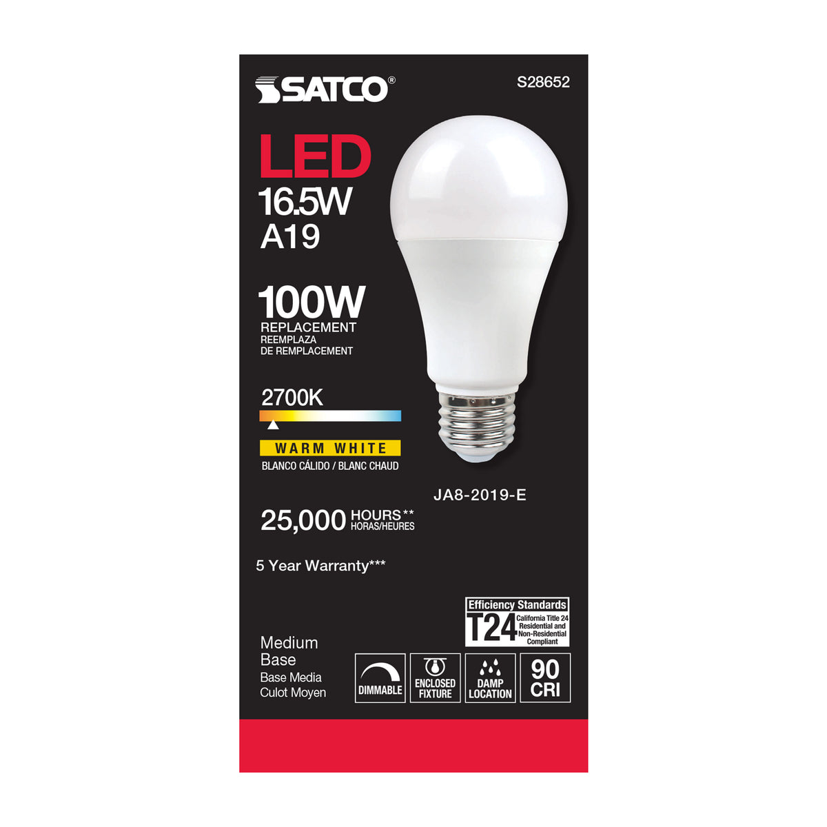 16.5 Watt - A19 LED - 90CRI - 2700K - Medium base - 220 deg. Beam Angle - 120 Volt - 1600 Lumens - CEC