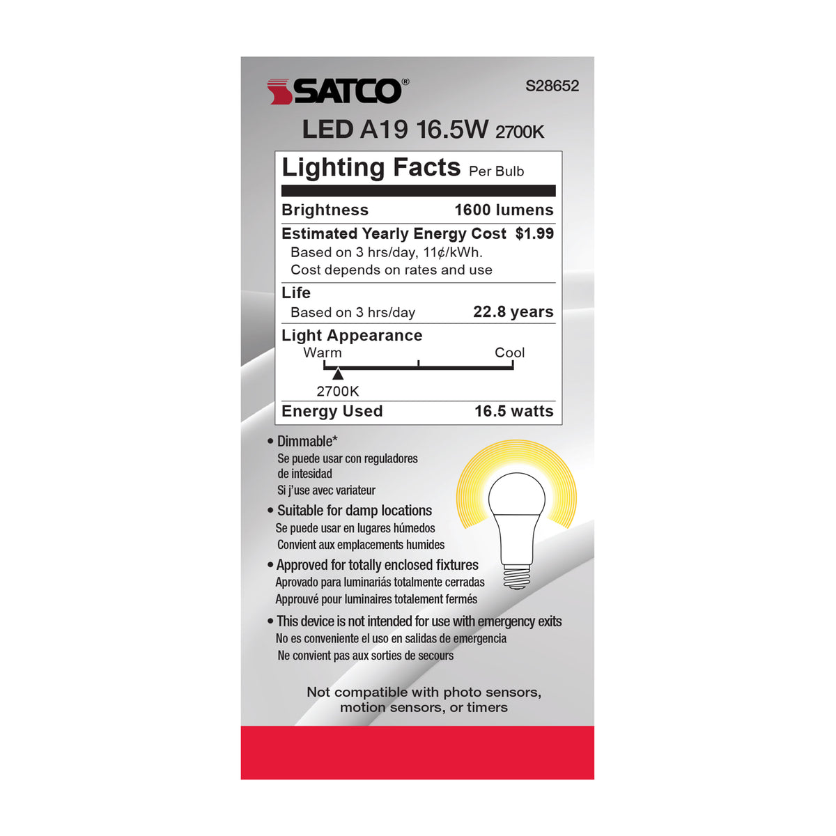 16.5 Watt - A19 LED - 90CRI - 2700K - Medium base - 220 deg. Beam Angle - 120 Volt - 1600 Lumens - CEC