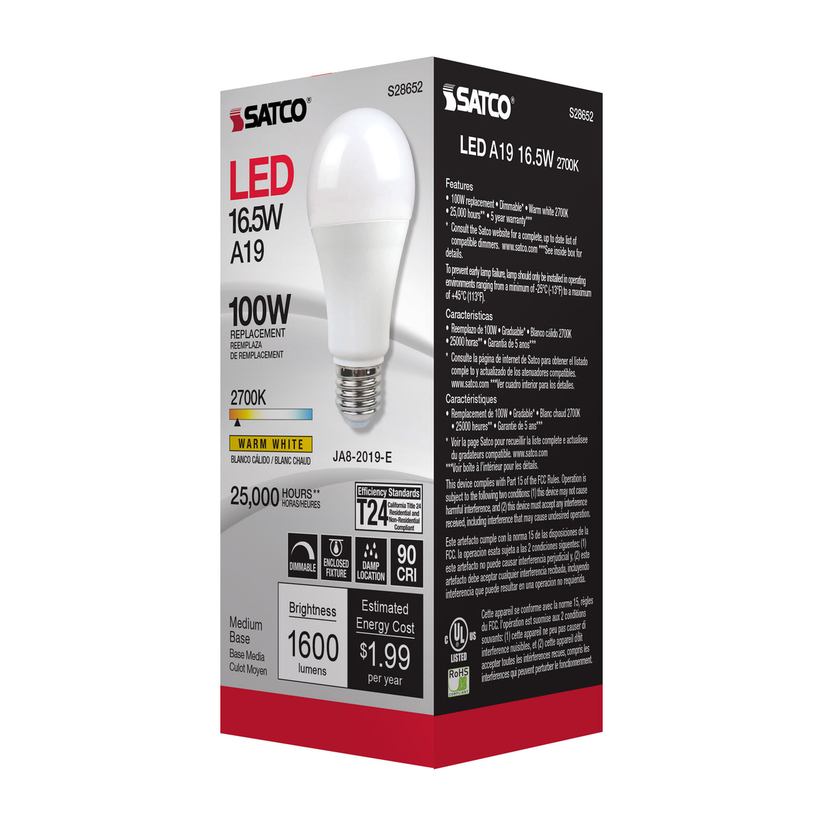 16.5 Watt - A19 LED - 90CRI - 2700K - Medium base - 220 deg. Beam Angle - 120 Volt - 1600 Lumens - CEC