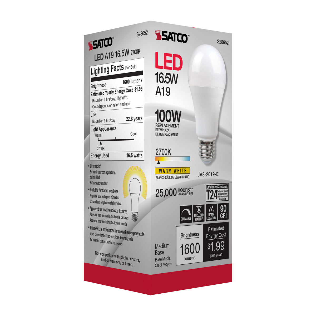 16.5 Watt - A19 LED - 90CRI - 2700K - Medium base - 220 deg. Beam Angle - 120 Volt - 1600 Lumens - CEC