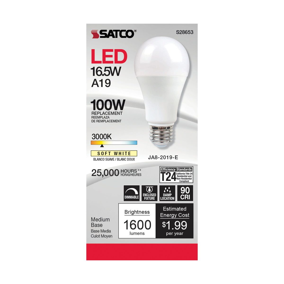 16.5 Watt - A19 LED - 90CRI - 3000K - Medium base - 220 deg. Beam Angle - 120 Volt - 1600 Lumens - CEC