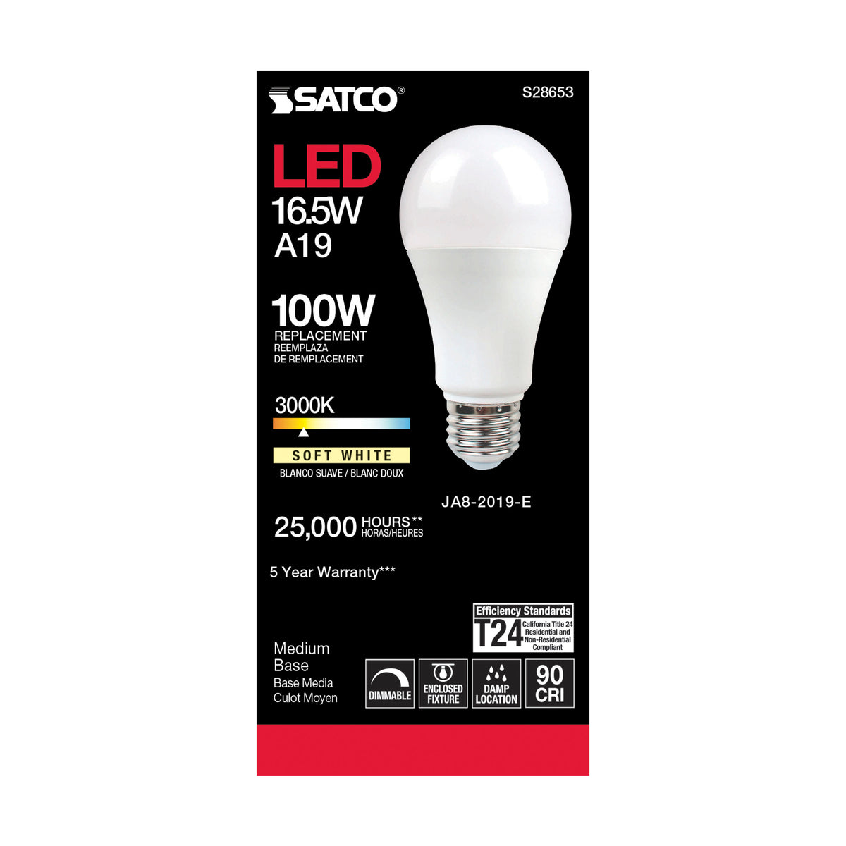 16.5 Watt - A19 LED - 90CRI - 3000K - Medium base - 220 deg. Beam Angle - 120 Volt - 1600 Lumens - CEC