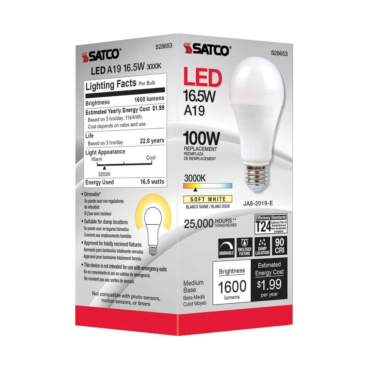 16.5 Watt - A19 LED - 90CRI - 3000K - Medium base - 220 deg. Beam Angle - 120 Volt - 1600 Lumens - CEC