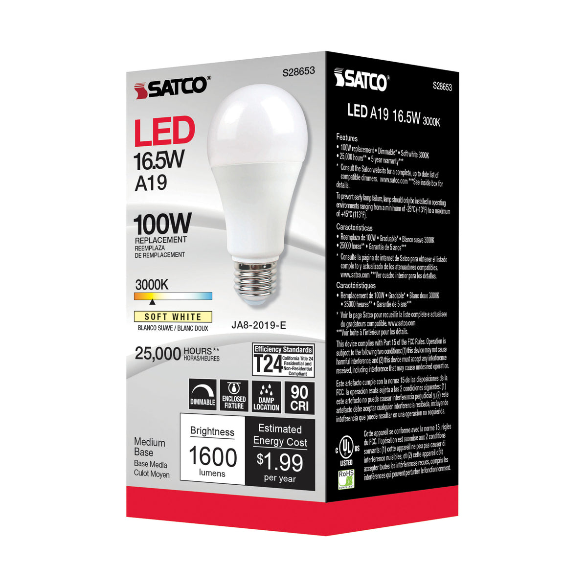 16.5 Watt - A19 LED - 90CRI - 3000K - Medium base - 220 deg. Beam Angle - 120 Volt - 1600 Lumens - CEC