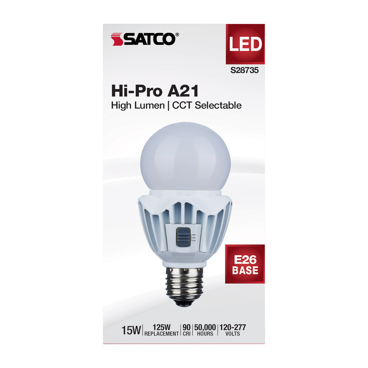 15 Watt LED A21 - High Lumen Output - 27K/40K/50K CCT Selectable - Medium Base - White Finish - 120V-277V