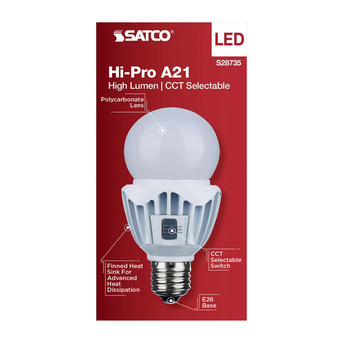 15 Watt LED A21 - High Lumen Output - 27K/40K/50K CCT Selectable - Medium Base - White Finish - 120V-277V