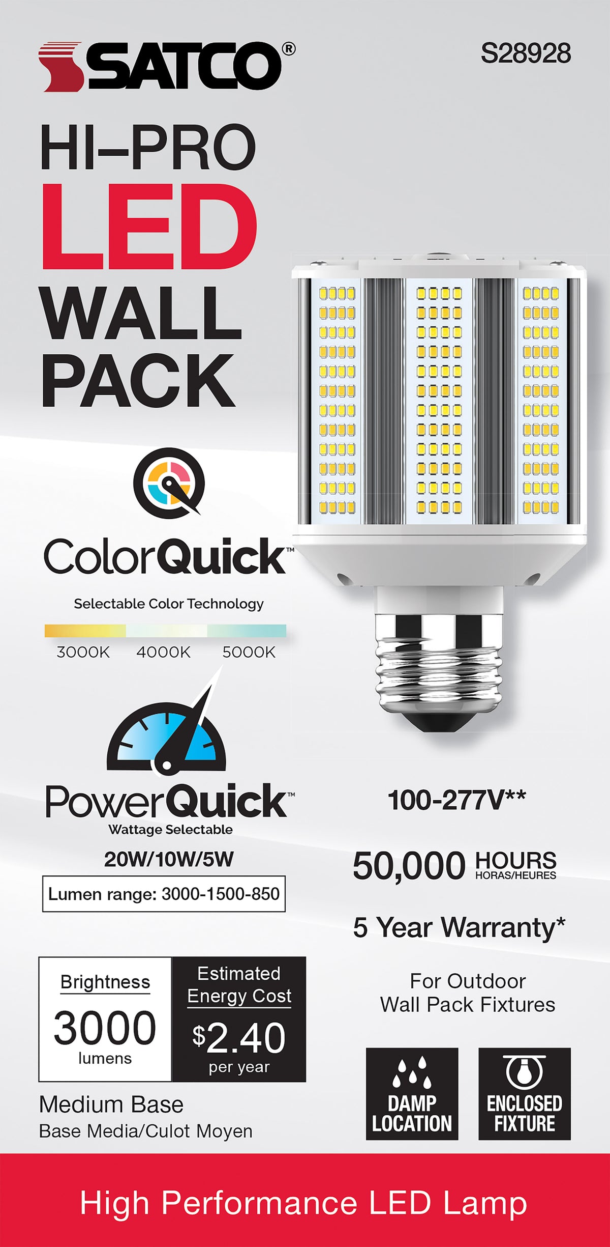 5/10/20 Wattage Selectable - LED Hi-Pro Wall Pack - CCT Selectable 3K/4K/5K - Type B - Ballast Bypass - Medium base - 120-277 Volt - ColorQuick Technology - PowerQuick Technology