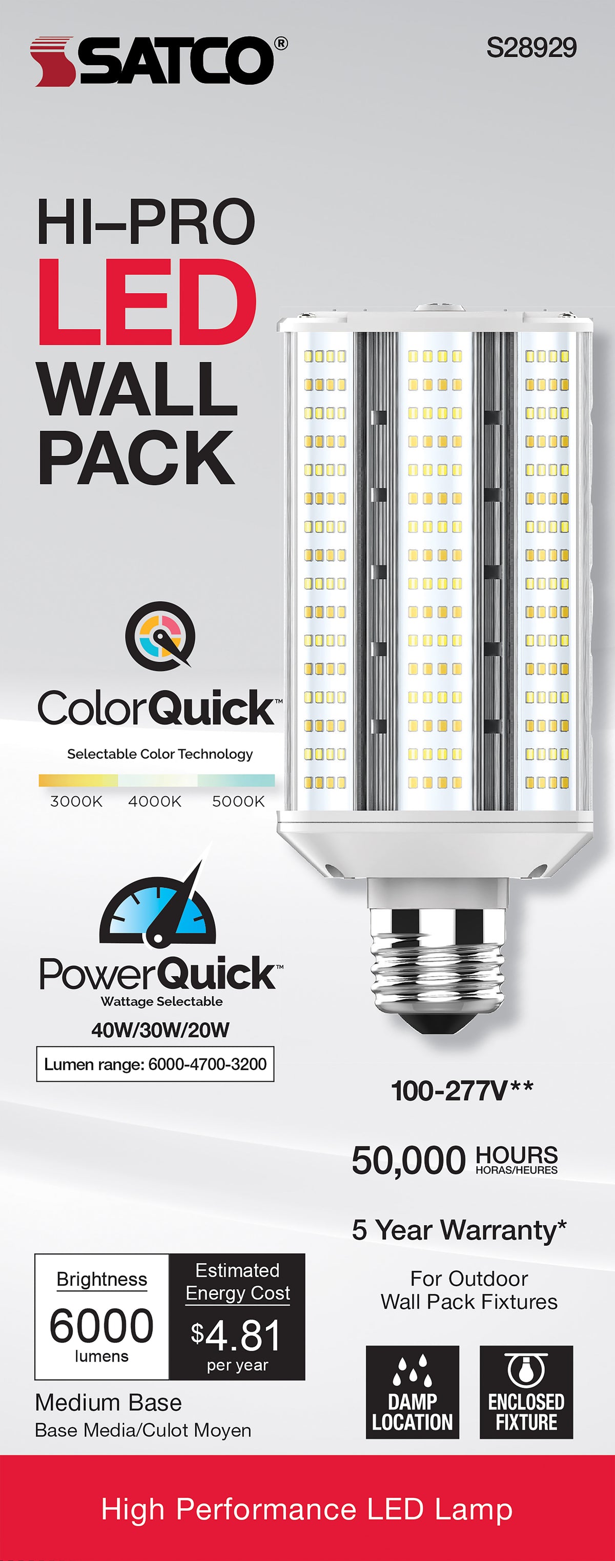 20/30/40 Wattage Selectable - LED Hi-Pro Wall Pack - CCT Selectable 3K/4K/5K - Type B - Ballast Bypass - Medium base - 120-277 Volt - ColorQuick Technology - PowerQuick Technology