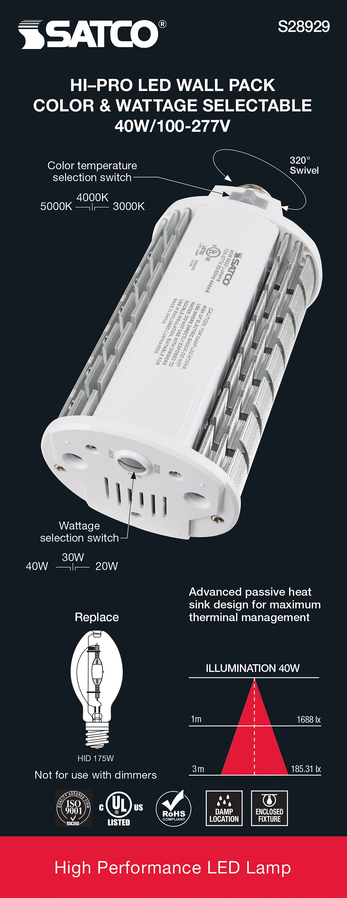 20/30/40 Wattage Selectable - LED Hi-Pro Wall Pack - CCT Selectable 3K/4K/5K - Type B - Ballast Bypass - Medium base - 120-277 Volt - ColorQuick Technology - PowerQuick Technology