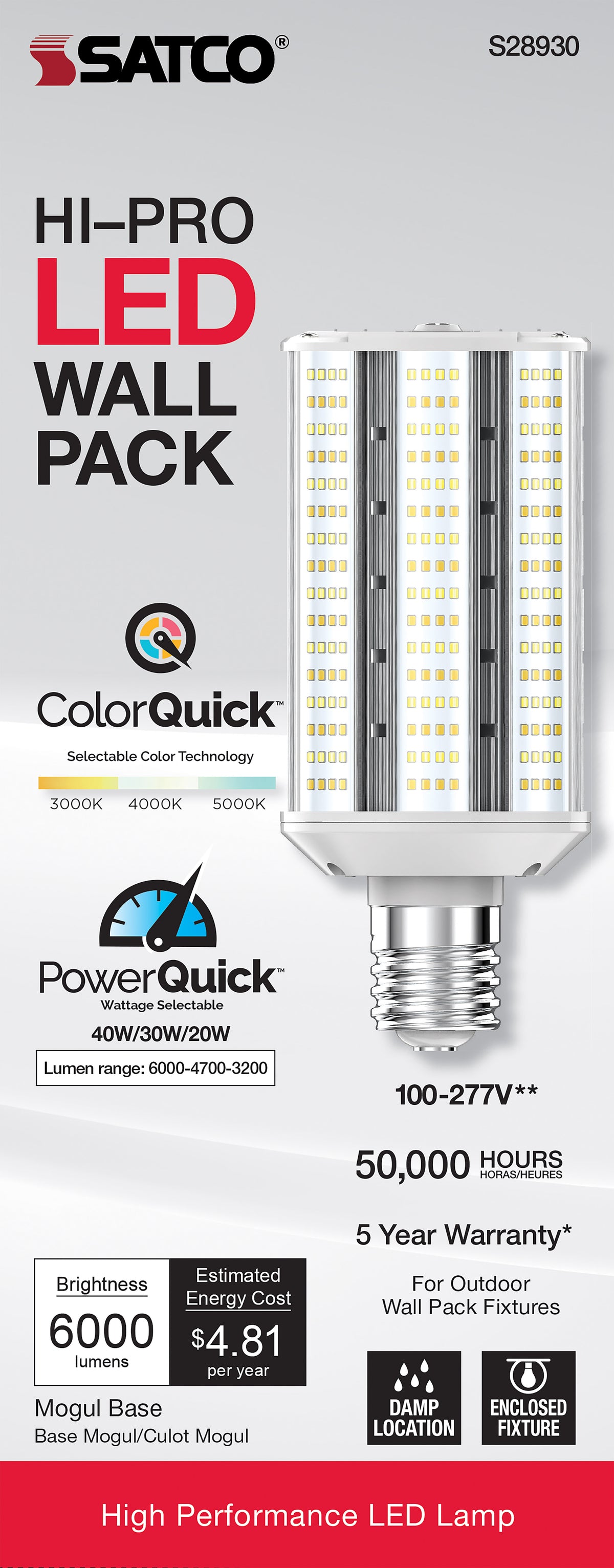 20/30/40 Wattage Selectable - LED Hi-Pro Wall Pack - CCT Selectable 3K/4K/5K - Type B - Ballast Bypass - Extended Mogul base - 120-277 Volt - ColorQuick Technology - PowerQuick Technology