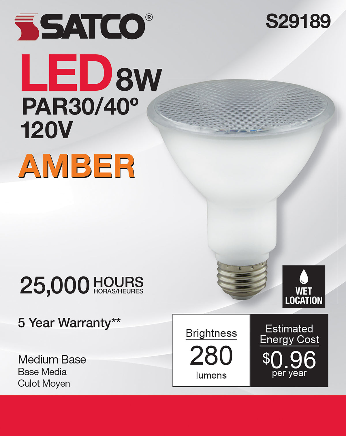8 Watt - PAR30LN LED - Amber color - 40 deg. Beam Angle - Medium base - 120 Volt - Turtle Friendly