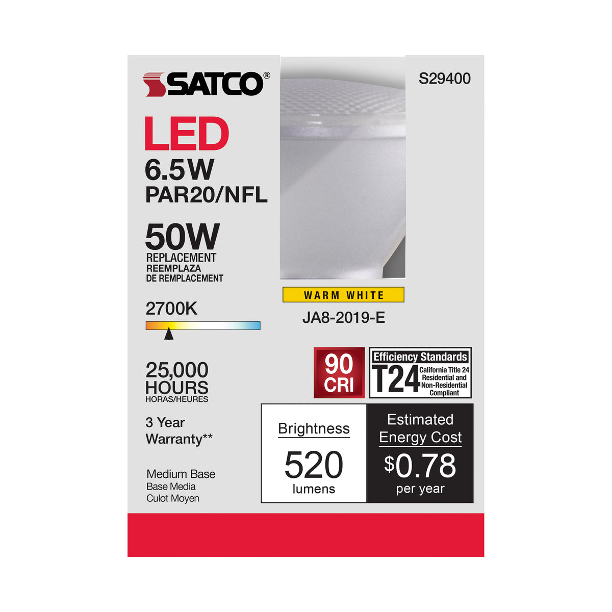 6.5 Watt - PAR20 LED - 2700K - 25 deg. Beam Angle - Medium base - 120 Volt