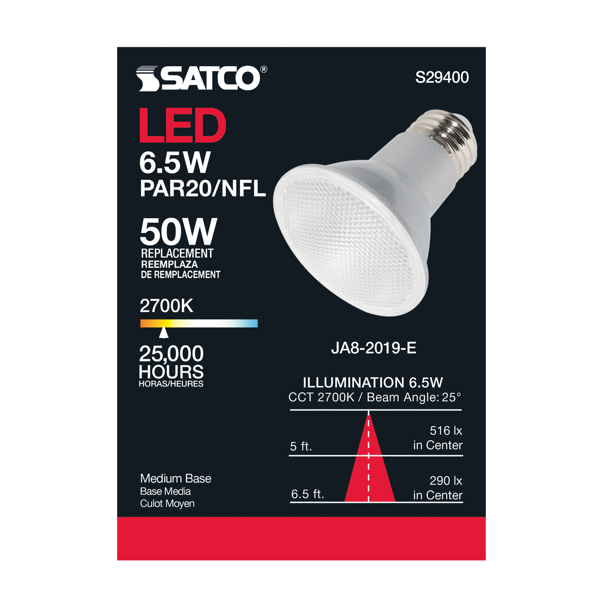 6.5 Watt - PAR20 LED - 2700K - 25 deg. Beam Angle - Medium base - 120 Volt