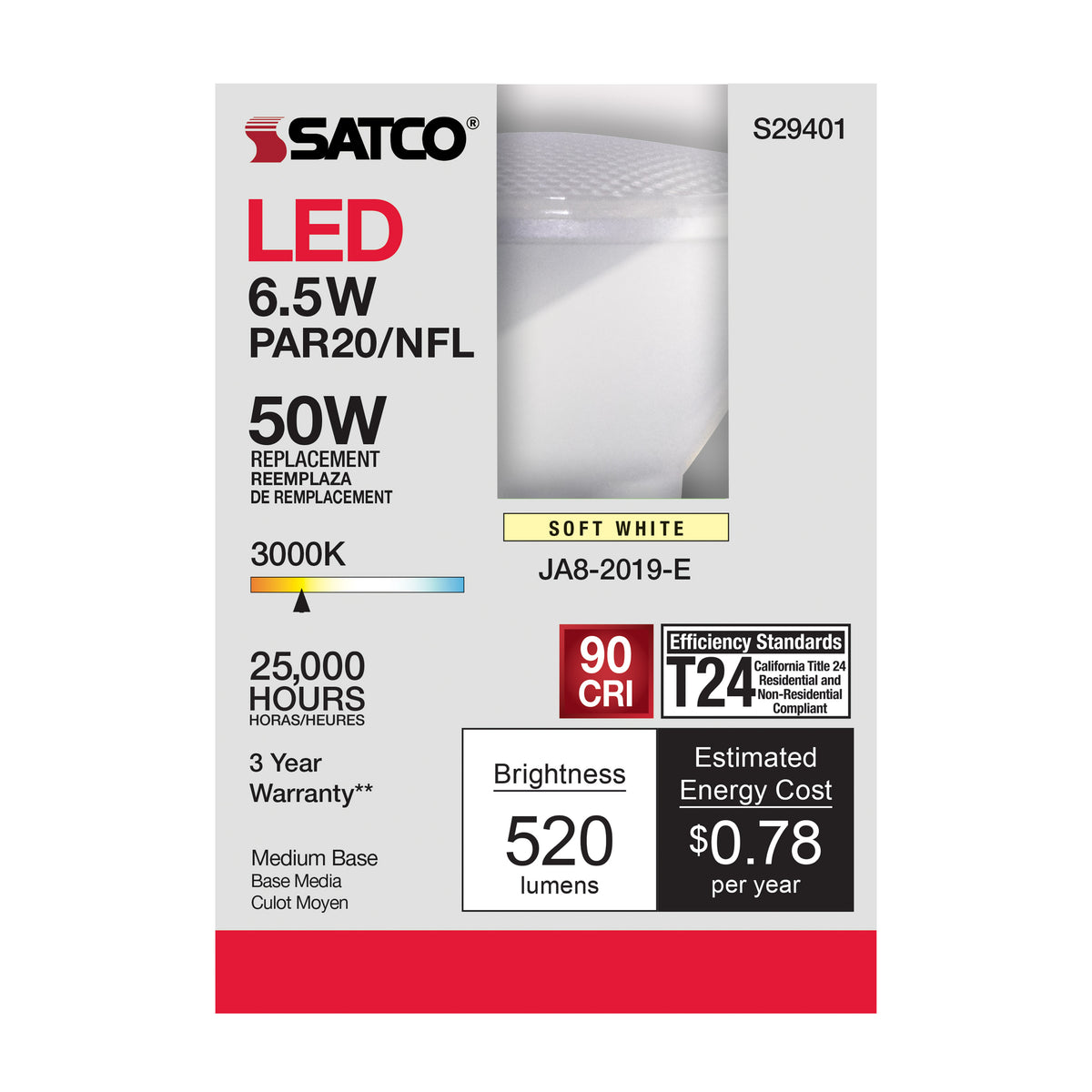 6.5 Watt - PAR20 LED - 3000K - 25 deg. Beam Angle - Medium base - 120 Volt