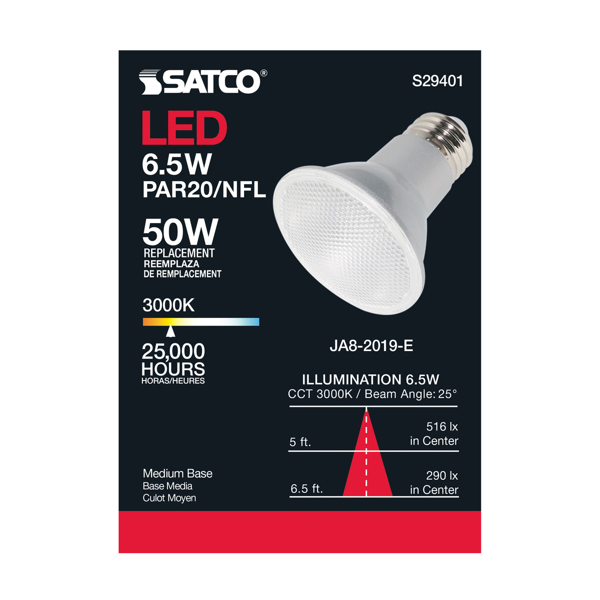 6.5 Watt - PAR20 LED - 3000K - 25 deg. Beam Angle - Medium base - 120 Volt