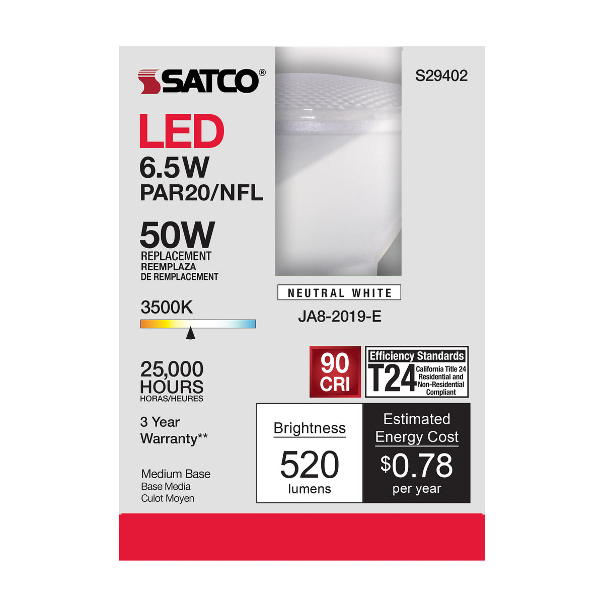 6.5 Watt - PAR20 LED - 3500K - 25 deg. Beam Angle - Medium base - 120 Volt