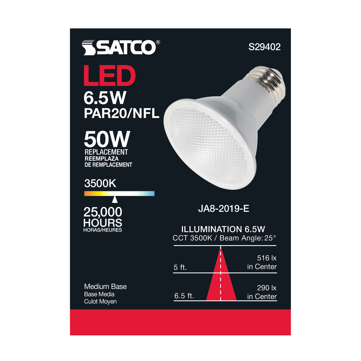 6.5 Watt - PAR20 LED - 3500K - 25 deg. Beam Angle - Medium base - 120 Volt
