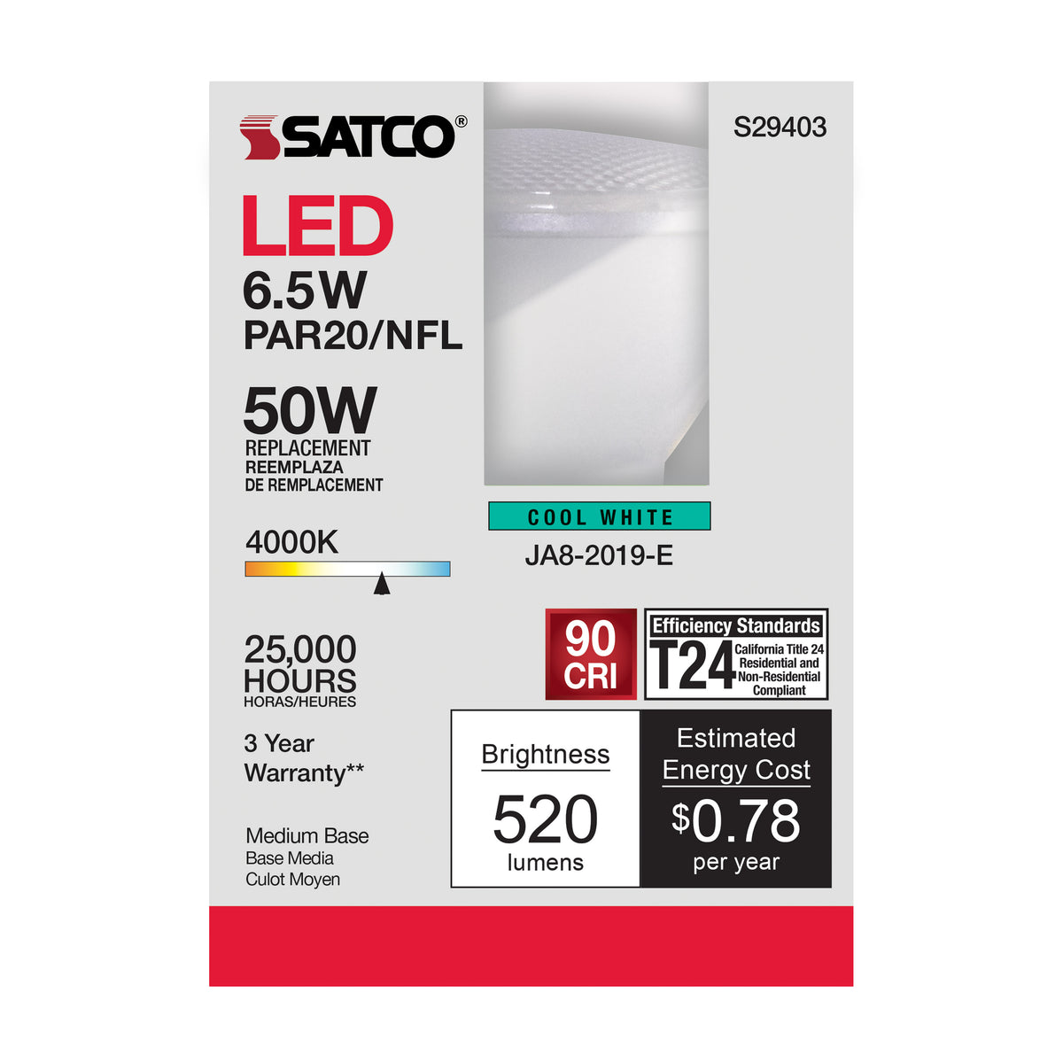 6.5 Watt - PAR20 LED - 4000K - 25 deg. Beam Angle - Medium base - 120 Volt