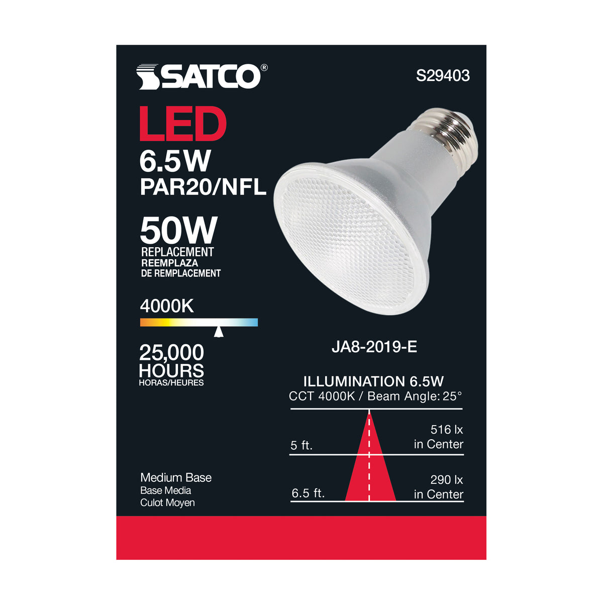 6.5 Watt - PAR20 LED - 4000K - 25 deg. Beam Angle - Medium base - 120 Volt