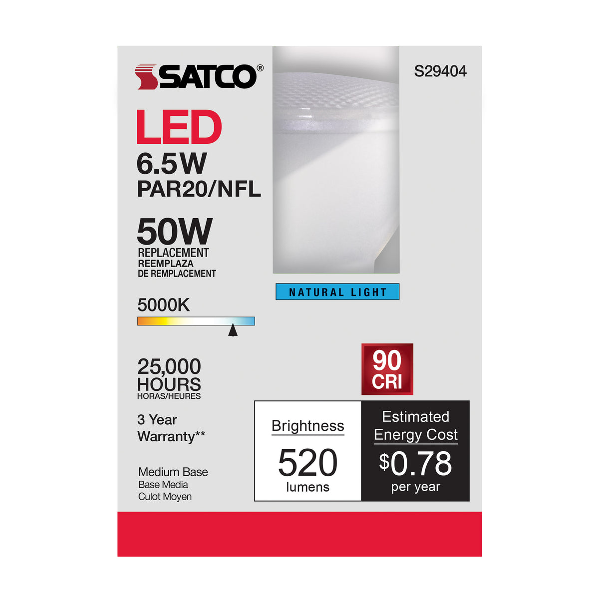 6.5 Watt - PAR20 LED - 5000K - 25 deg. Beam Angle - Medium base - 120 Volt