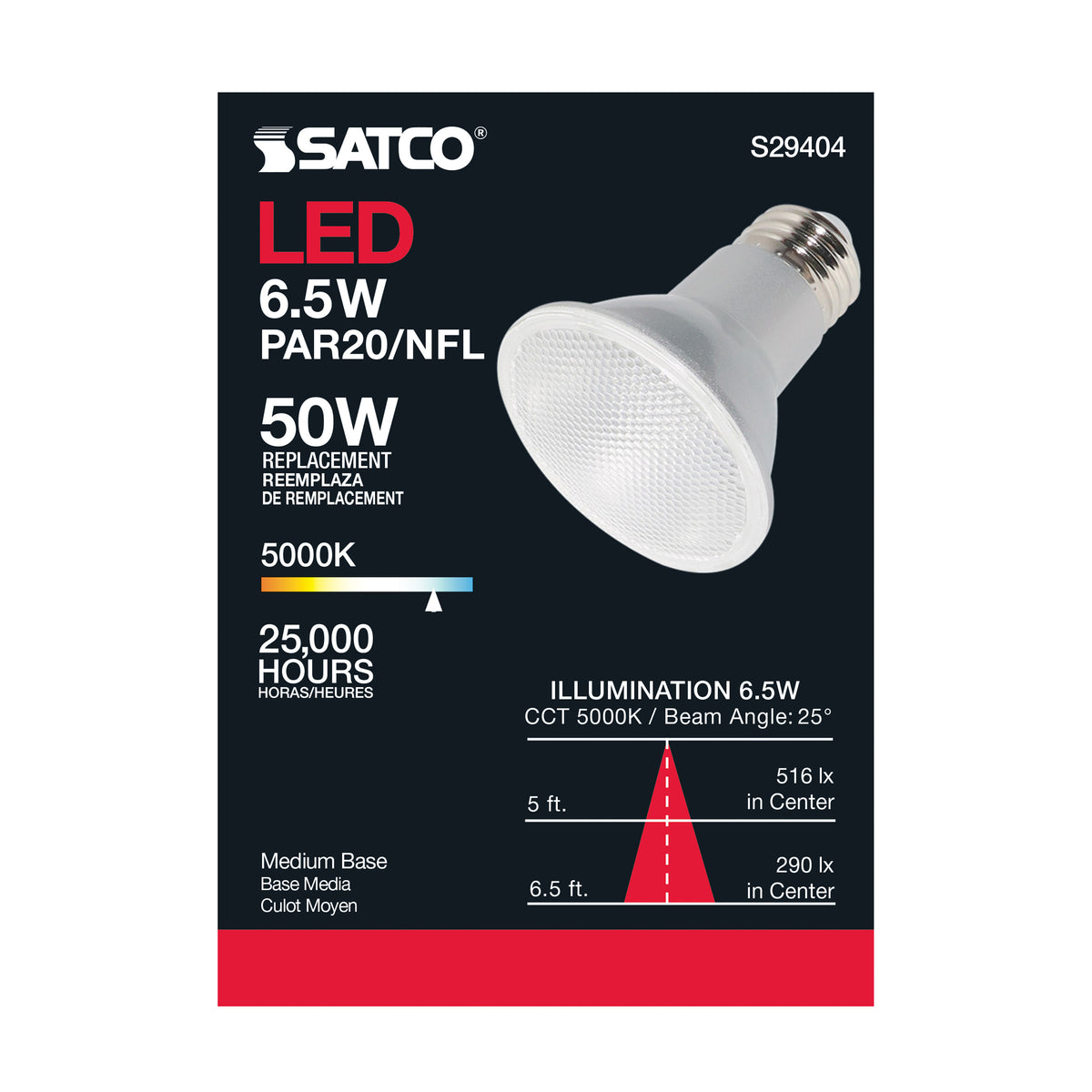 6.5 Watt - PAR20 LED - 5000K - 25 deg. Beam Angle - Medium base - 120 Volt