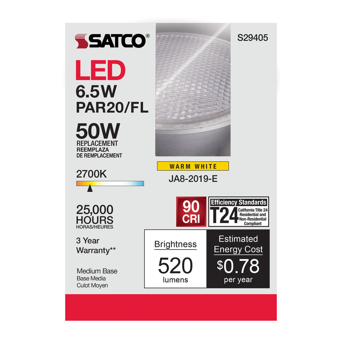 6.5 Watt - PAR20 LED - 2700K - 40 deg. Beam Angle - Medium base - 120 Volt