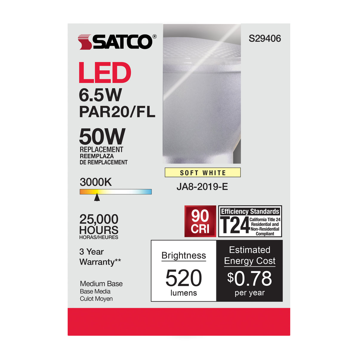 6.5 Watt - PAR20 LED - 3000K - 40 deg. Beam Angle - Medium base - 120 Volt