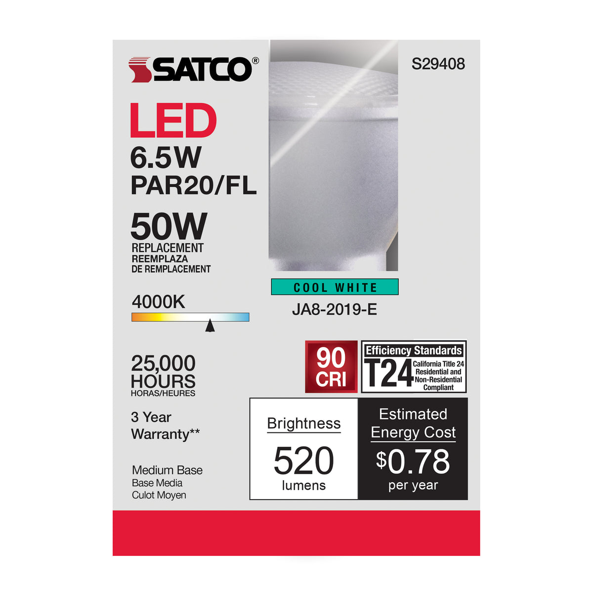 6.5 Watt - PAR20 LED - 4000K - 40 deg. Beam Angle - Medium base - 120 Volt