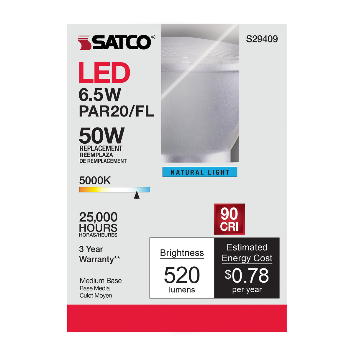 6.5 Watt - PAR20 LED - 5000K - 40 deg. Beam Angle - Medium base - 120 Volt