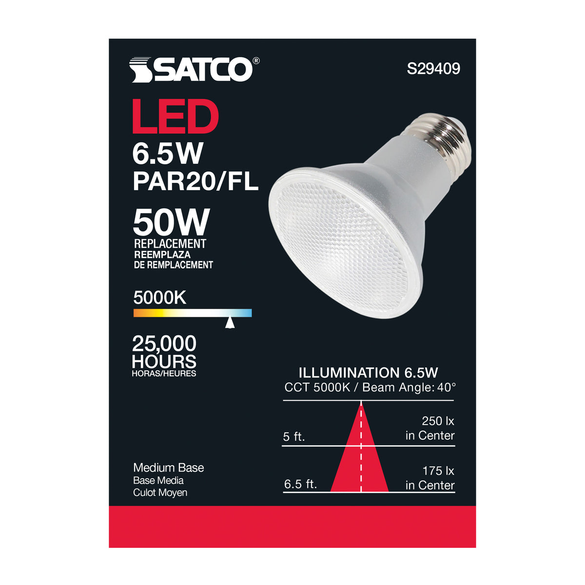 6.5 Watt - PAR20 LED - 5000K - 40 deg. Beam Angle - Medium base - 120 Volt