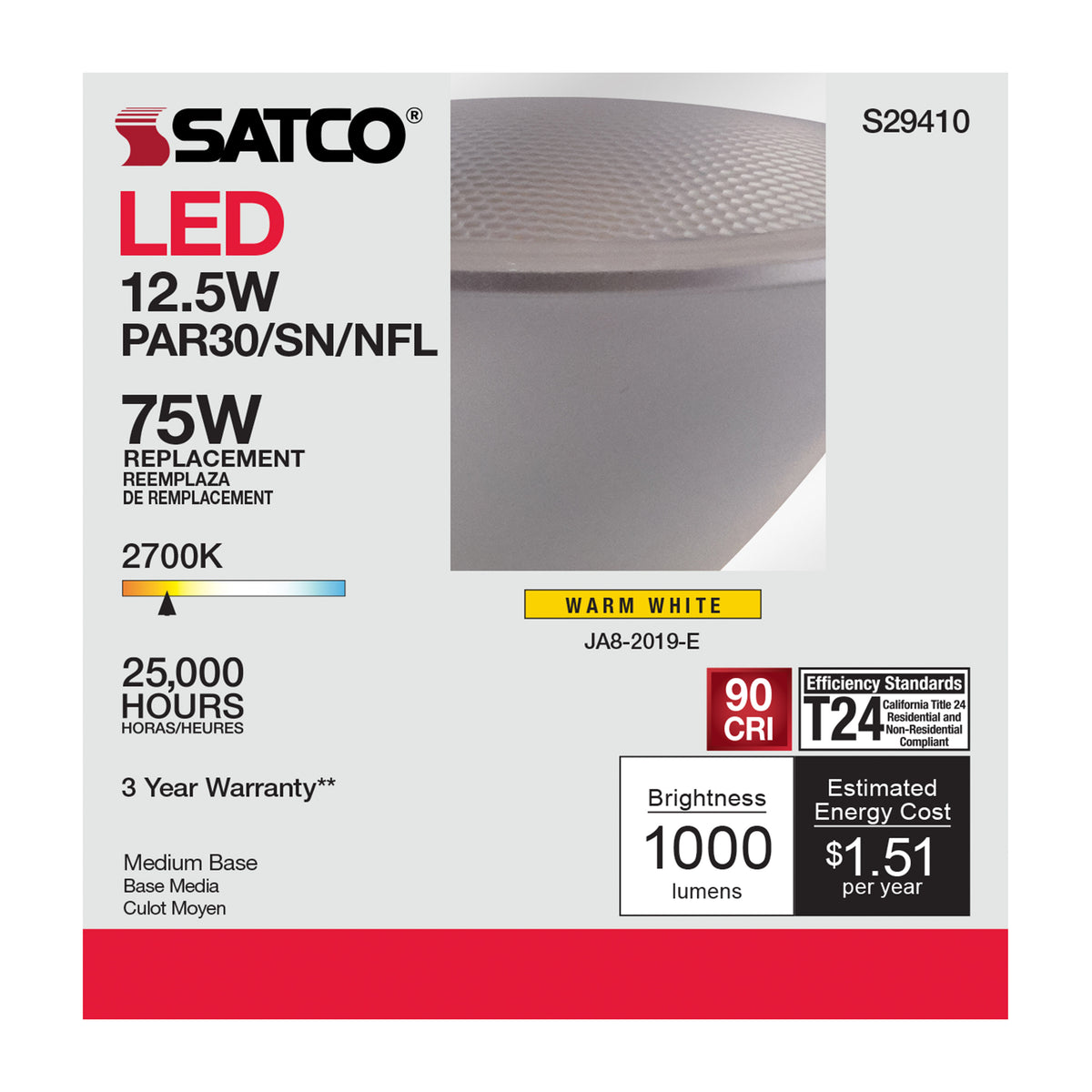 12.5 Watt - PAR30SN LED - 2700K - 25 deg. Beam Angle - Medium base - 120 Volt