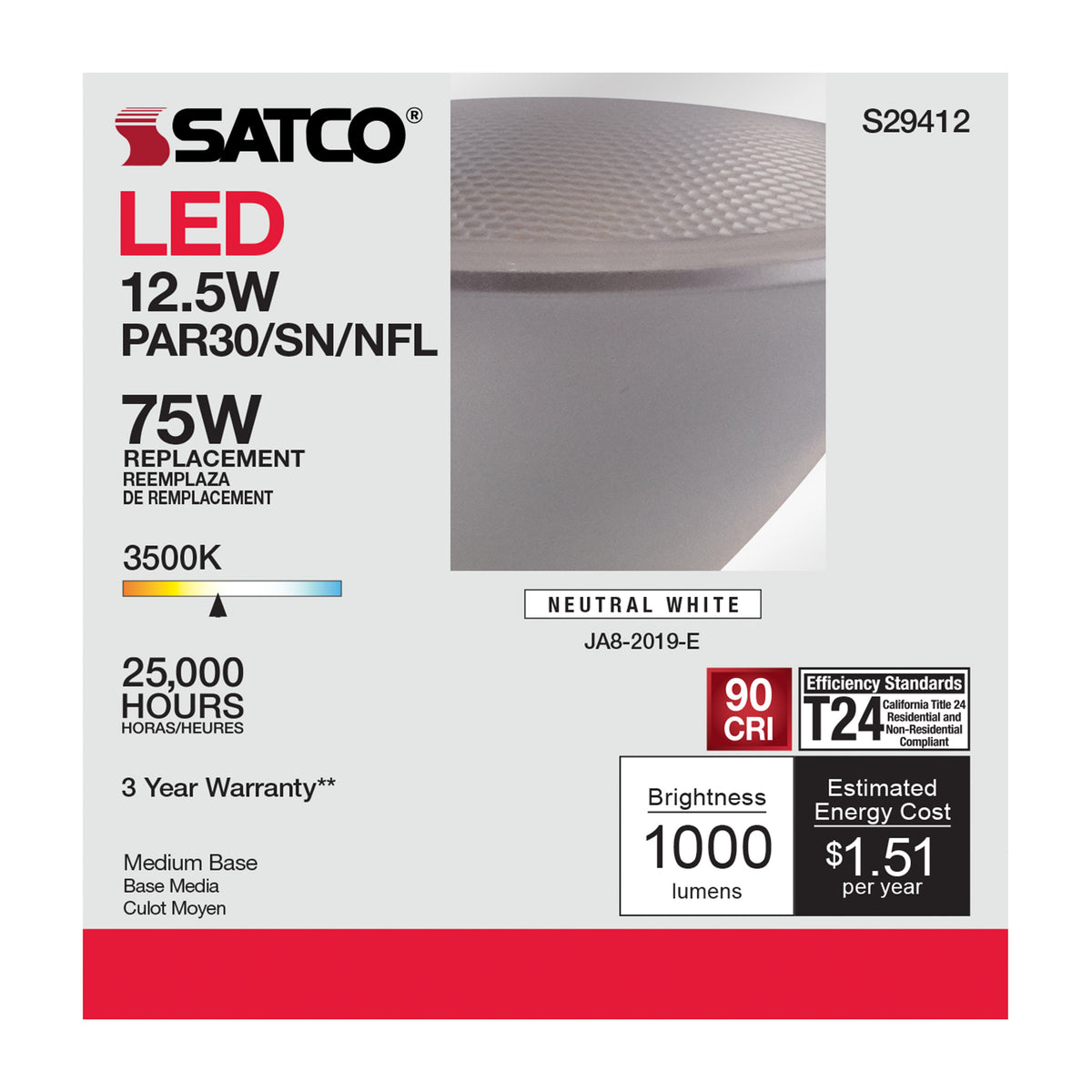 12.5 Watt - PAR30SN LED - 3500K - 25 deg. Beam Angle - Medium base - 120 Volt