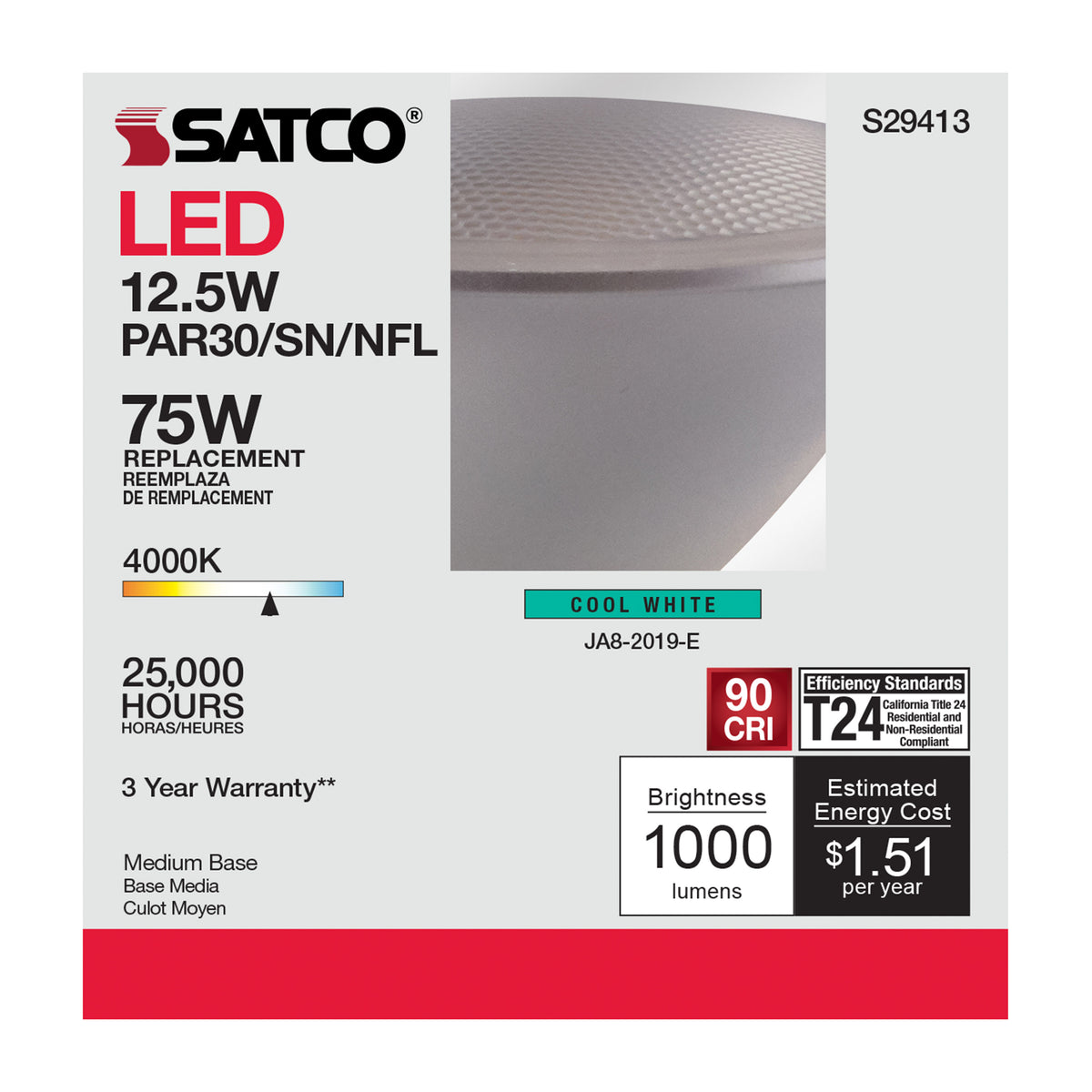 12.5 Watt - PAR30SN LED - 4000K - 25 deg. Beam Angle - Medium base - 120 Volt