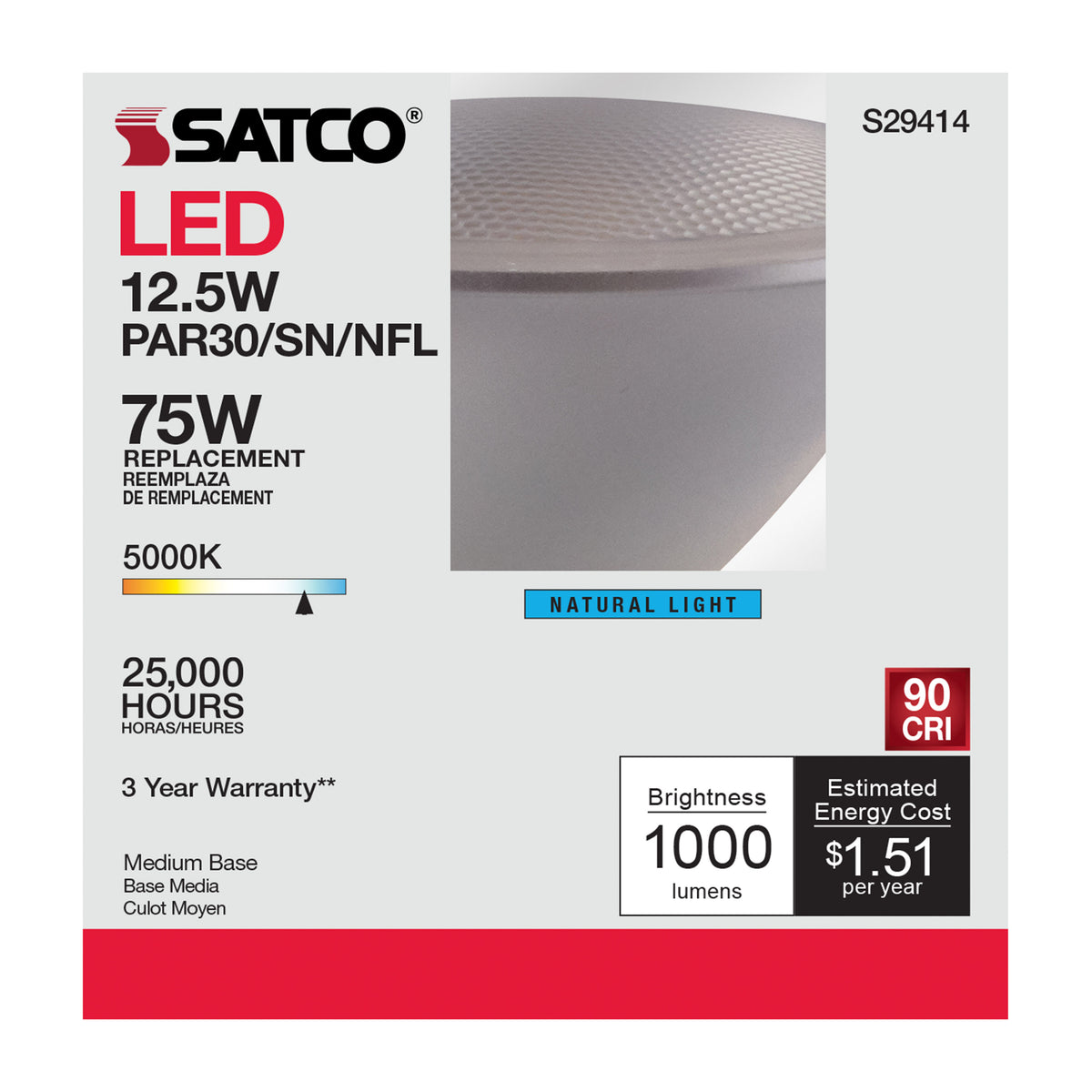 12.5 Watt - PAR30SN LED - 5000K - 25 deg. Beam Angle - Medium base - 120 Volt