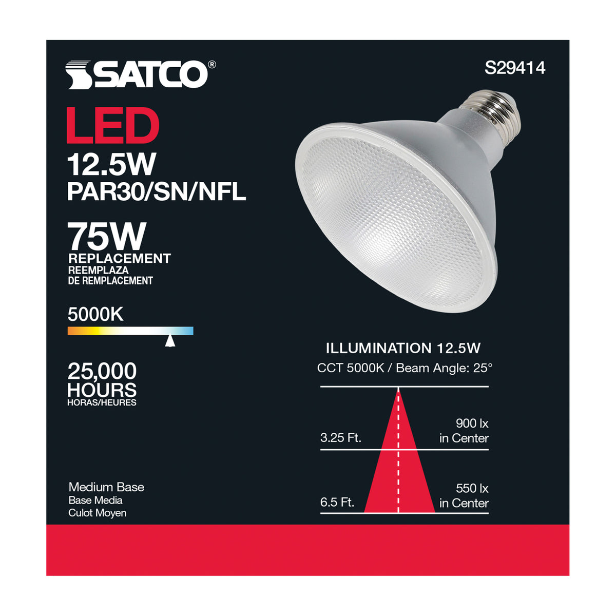 12.5 Watt - PAR30SN LED - 5000K - 25 deg. Beam Angle - Medium base - 120 Volt