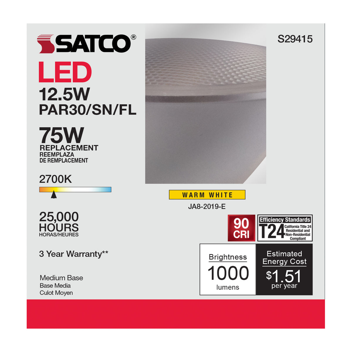 12.5 Watt - PAR30SN LED - 2700K - 40 deg. Beam Angle - Medium base - 120 Volt