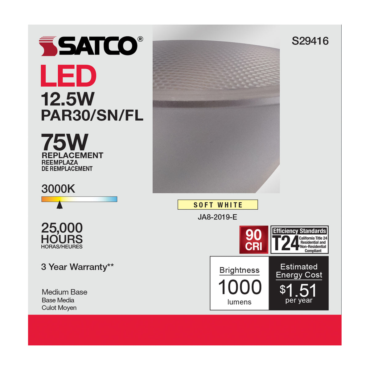 12.5 Watt - PAR30SN LED - 3000K - 40 deg. Beam Angle - Medium base - 120 Volt
