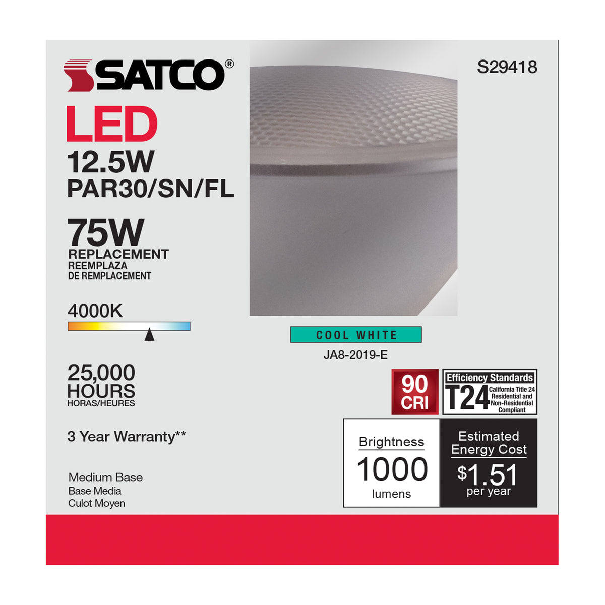 12.5 Watt - PAR30SN LED - 4000K - 40 deg. Beam Angle - Medium base - 120 Volt