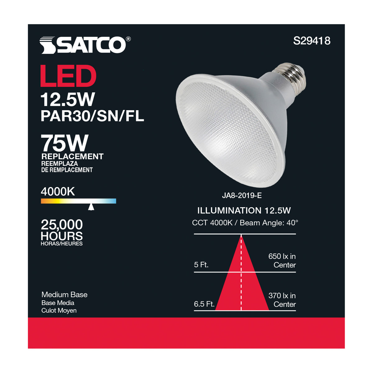12.5 Watt - PAR30SN LED - 4000K - 40 deg. Beam Angle - Medium base - 120 Volt