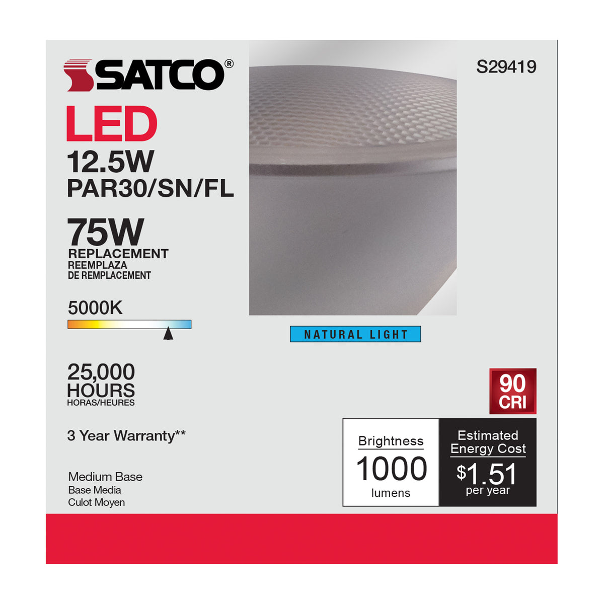 12.5 Watt - PAR30SN LED - 5000K - 40 deg. Beam Angle - Medium base - 120 Volt