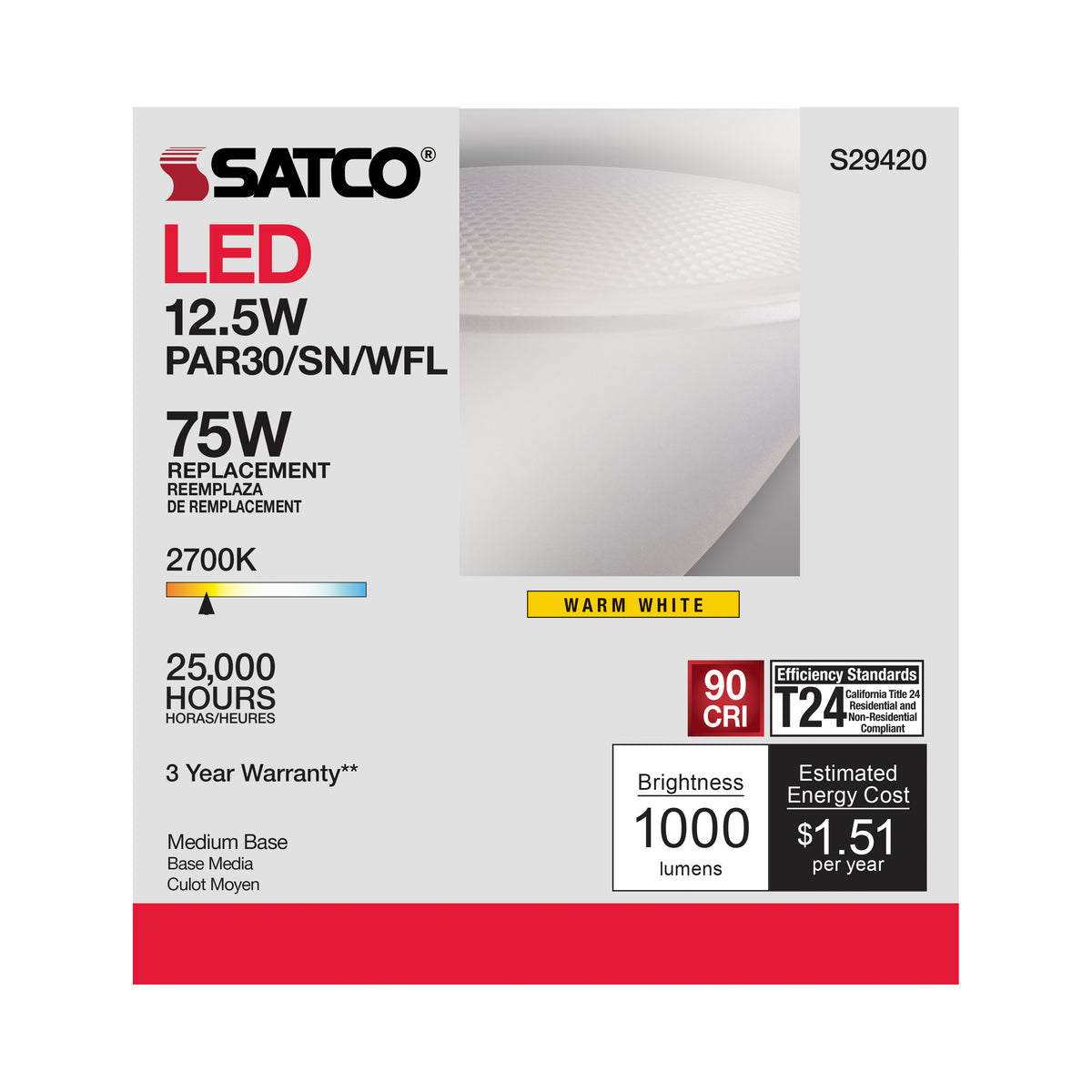 12.5 Watt - PAR30SN LED - 2700K - 60 deg. Beam Angle - Medium base - 120 Volt