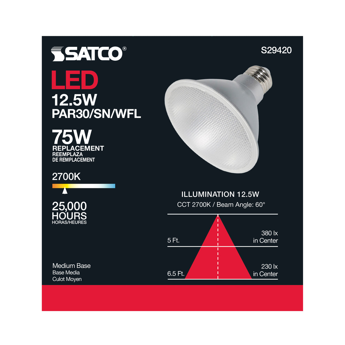 12.5 Watt - PAR30SN LED - 2700K - 60 deg. Beam Angle - Medium base - 120 Volt