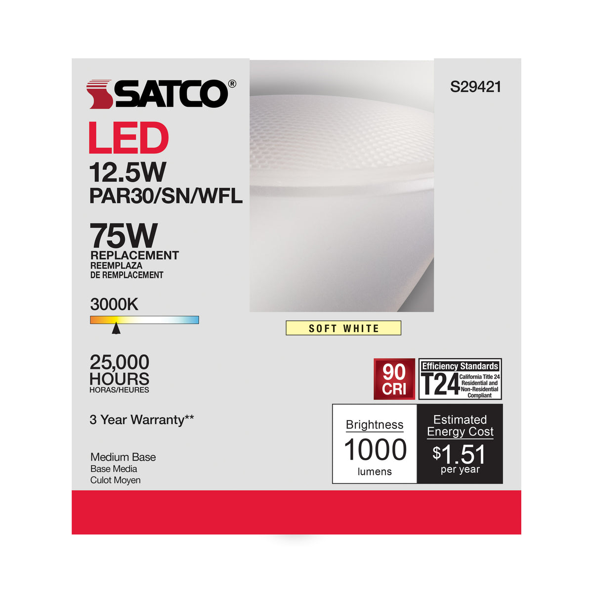 12.5 Watt - PAR30SN LED - 3000K - 60 deg. Beam Angle - Medium base - 120 Volt