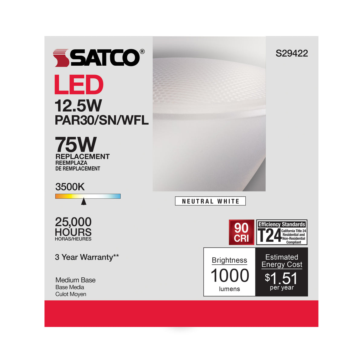 12.5 Watt - PAR30SN LED - 3500K - 60 deg. Beam Angle - Medium base - 120 Volt