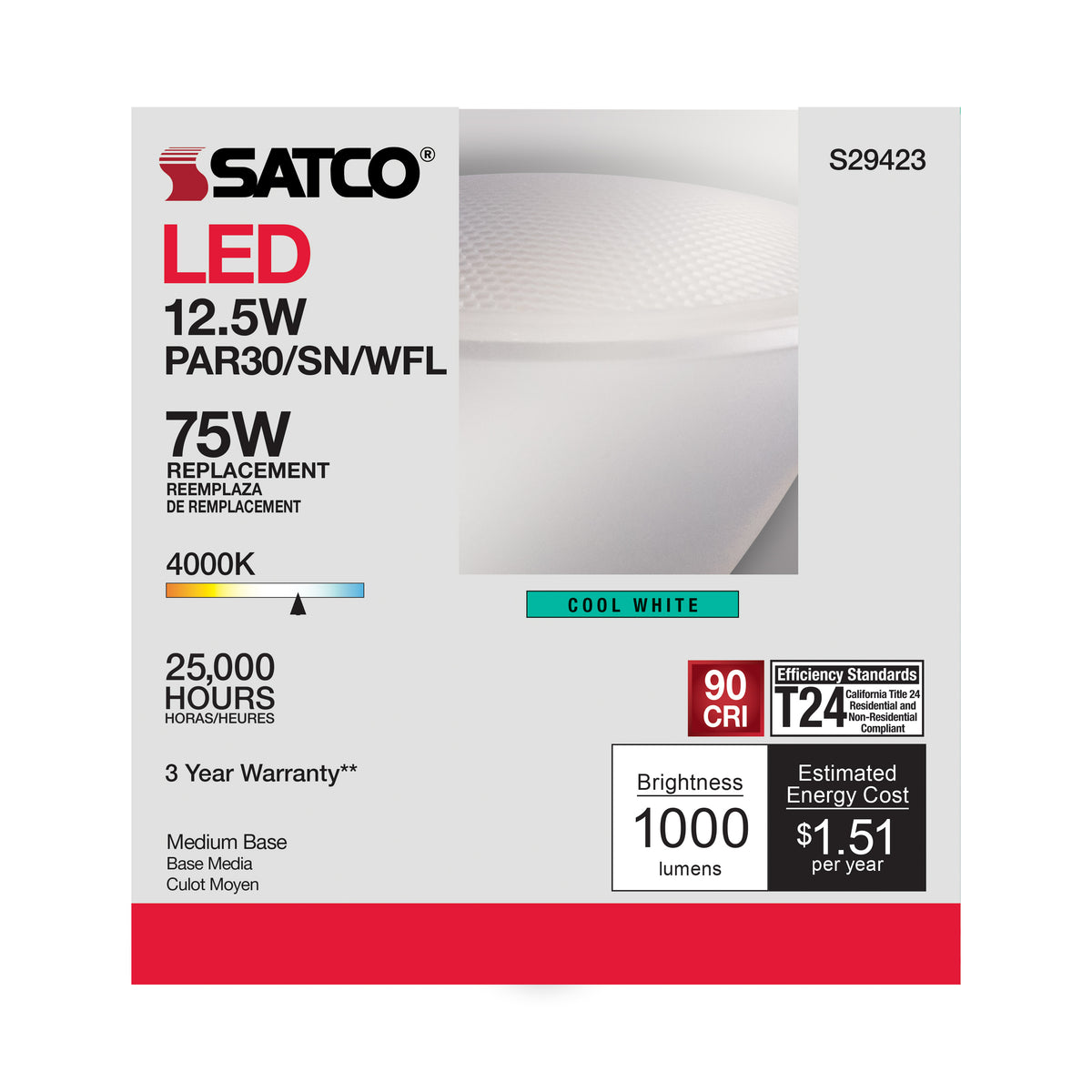 12.5 Watt - PAR30SN LED - 4000K - 60 deg. Beam Angle - Medium base - 120 Volt