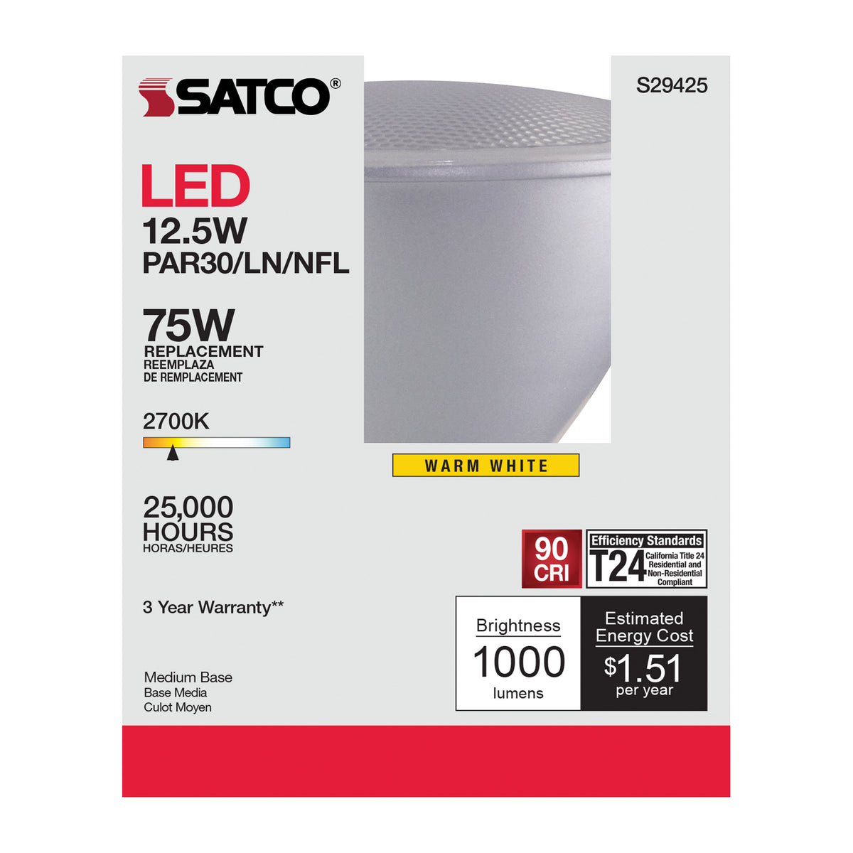 12.5 Watt - PAR30LN LED - 2700K - 25 deg. Beam Angle - Medium base - 120 Volt